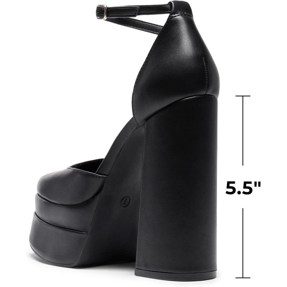 Dream Pairs Womens Black Faux Leather Closed Toe Chunky High Heels Platform - Picture 3 of 9